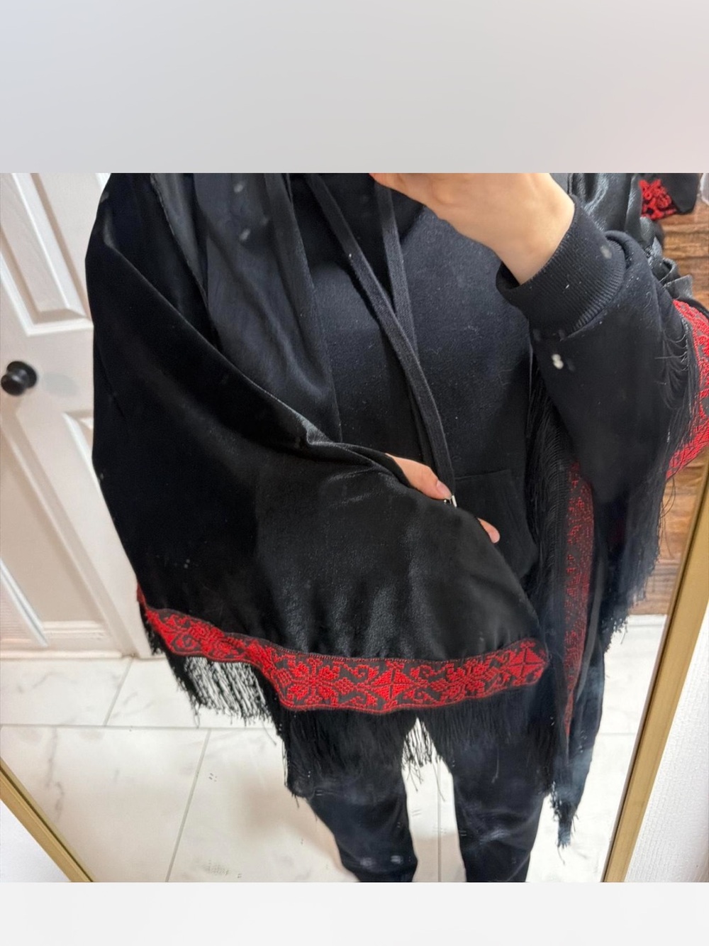 Black Fringe Shawl with Red Embroidered Trim
